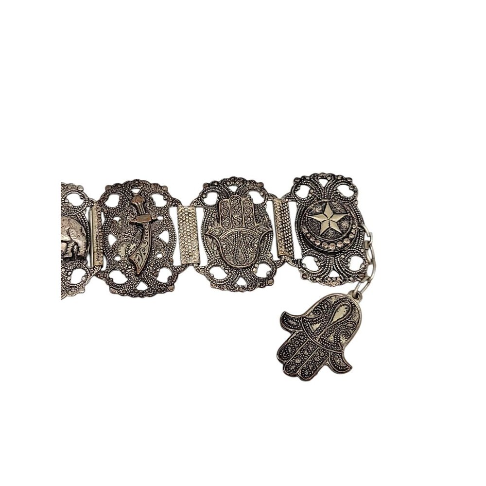 Morocco Souvenir Bracelet Hashi Hand Elephants Stars Nimcha Sword Links Vtg - Picture 8 of 10